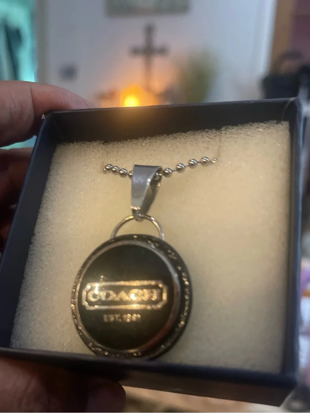 Coach Black with Silver Circular Pendant Necklace with Silver-Tone Hardware
